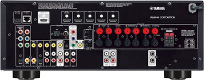 Yamaha RX-V673 sort hjemmebiografsforstærker, frontpanel, frontvisning, audio/video-tilslutninger, knapper og drejeknapper til justering