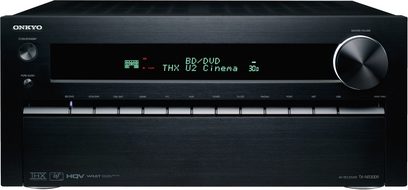 Onkyo TX-NR3009 sort hjemmebiografsforstærker, set forfra, blå skærm "THX U2 Cinema 30", mange knapper og stik