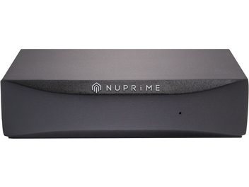 Nuprime Omnia Stream Mini must võrguaudiomängija, eestvaade, piklik ristkülikukujuline, hõbedane logo peal
