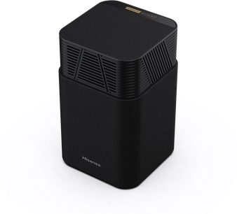 Kompakt Hisense HT Saturn-højttaler i sort mat plast og akustisk mesh-stof, øverste sektion med stribede ventilationsgitre, set let oppefra