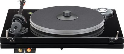 Music Hall MMF 7.3 sort hi-fi pladespiller, set ovenfra, mat sort pladetallerken, tonearm, pickup, tonearmsløfter