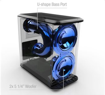 Barra audio Denon DHT-S514 nera, vista frontale prospettica, con 2 altoparlanti blu a forma di U da 5 1/4 pollici
