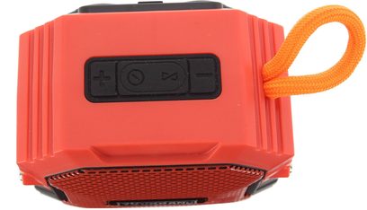 Přenosný reproduktor Yourban Getone 15, pohled shora, červený obdélníkový kryt, černé tlačítka, oranžový popruh