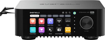 Amplificatore hi-fi integrato stereo EverSolo Play CD Edition nero in alluminio spazzolato, vista frontale con cassetto del disco aperto a sinistra, schermo touch a colori centrale che mostra le icone delle applicazioni e grande manopola del volume circolare a destra