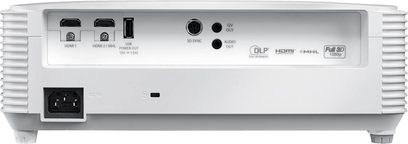 Optoma HD27e hvid videoprojektor, bagside, HDMI-, USB-, lyd- og strømstik, ventilationsgitter