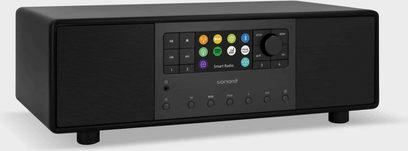 Radio Sonoro Primus nera opaca, frontale, pulsanti e display LCD Smart Radio, due altoparlanti, cassa rettangolare nera