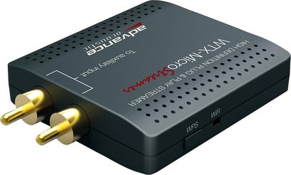 Advance Paris WTX-Microstreamer netværksaudioafspiller set ovenfra, sort kabinet, forgyldte stik, rød inskription