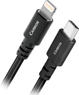Dwa czarne przewody USB-C i Lightning z ciemnoszarą metaliczną obudową, oznaczone białym napisem "CARBON" na boku