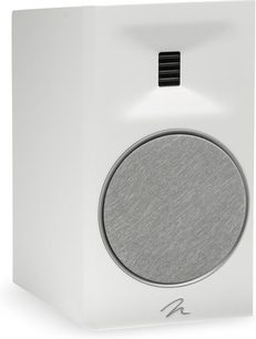 Witte glanzende Motion B10 boekenplankluidspreker met rechthoekige behuizing, grijze ronde luidspreker en zwarte rechthoekige grill