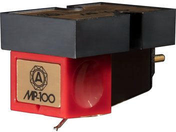 Nagaoka MP-100 turntable cartridge in black and red plastic with engraved gold front plate, three-quarter front left view