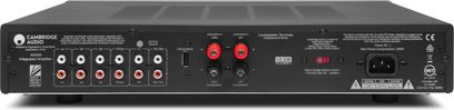 Stereo hi-fi zesilovač Cambridge Audio AX-A35 + AX-C35 stříbrný, pohled zepředu, 6 RCA vstupů, 2 výstupy pro reproduktory, tlačítka a indikátory