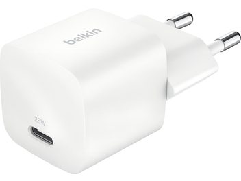 Belkin BoostCharge 25 W white USB-C wall charger with European plug, three-quarter view