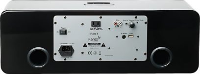 Kanto SYD 4 trådløs højttaler, set forfra, sort, med porte og kontrolknapper på bagpanelet