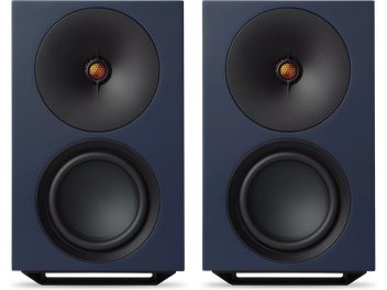 Cambridge Audio L/R X Lautsprecher in Blau verbunden, 2er-Set mit rechteckigem Design, schwarzen Lautsprechern und orangefarbenem Mitteltöner