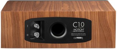 Diffusore centrale Motion C10 con cabinet in legno, pannello posteriore nero, terminali di connessione argentati e condotto reflex centrale circolare