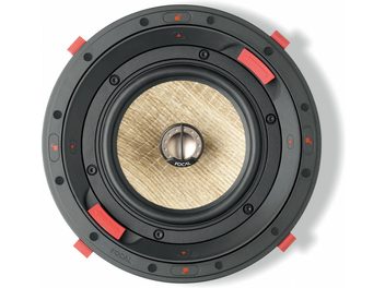 Altavoz empotrable en el techo Focal 300 ICW6, vista desde arriba, forma circular, cono central beige, marco negro, elementos rojos