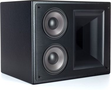 Diffusore THX-5000-LCR nero, vista angolare, 2 altoparlanti circolari grigi, tromba rettangolare a destra, cabinet rettangolare