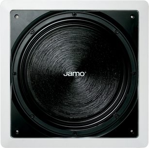 Vestavný reproduktor Jamo, černý kruhový reproduktor s koncentrickou kovovou mřížkou, detailní pohled zepředu