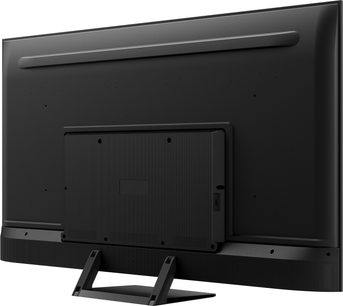 TCL 55C731 2022 sort TV, frontvisning, slukket skærm, dobbelt V-formet stativ, smal ramme