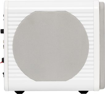Subwoofer Velodyne MicroVee X branco, vista lateral com grande grelha circular e painel frontal arredondado