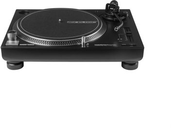 Μαύρο πικάπ DJ Reloop RP 5000 MK4, όψη από μπροστά, με βραχίονα σε σχήμα S και μεγάλο πλατό με πλευρικό fader pitch