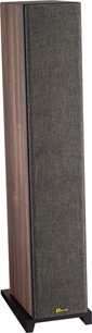 Diffusore da pavimento Davis Acoustics Krypton 9 Classik (noce), vista prospettica, pannello frontale in tessuto grigio, lati in legno, base nera