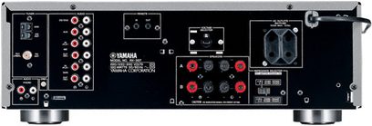 Yamaha RX-397 sort hi-fi stereoforstærker, bagside, audio- og videoforbindelser, stik og justeringsknapper