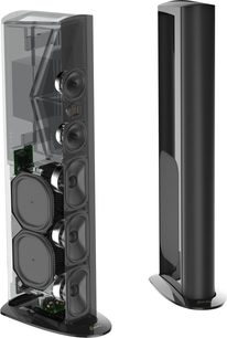 Triton Reference gulvhøjttaler, set forfra og i gennemskæring, sort finish, buet base, synlige højttalere og interne komponenter