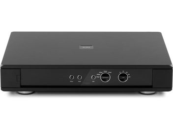 Rega Aura MC black phono preamp, front view, 2 rotary knobs and 3 switches on the front, rear connectivity