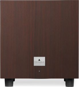Subwoofer Triangle Tales 340 in noce, vista frontale, pannello frontale in legno scuro, piastra metallica con logo al centro