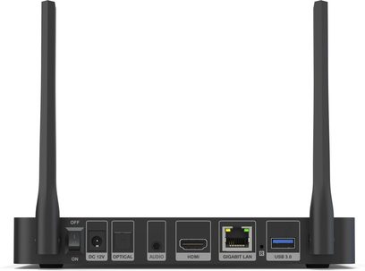 Zidoo Z9X 8K medieafspiller, bagside, 2 lodrette antenner, HDMI-porte, USB 3.0, LAN, audio, optisk, strømforsyning