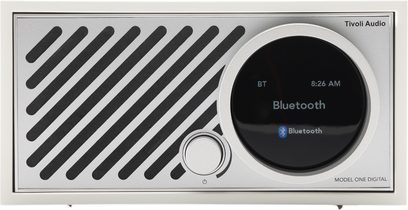 Tivoli Model One Digital bordradio hvid/sølv, front i metal, rundt display til højre, sort diagonal gitter