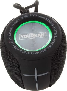 Bluetooth-højttaler Yourban Getone 25 sort, set fra oven, oval form, tekstureret overflade, grå plus- og minusknapper, grønt lysende ring