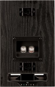 Boghyldehøjttaler Fyne Audio F5E, bagsidevisning, metalforbindelser, 2 monteringsbeslag, rektangulær port
