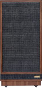 Diffusore da pavimento Fyne Audio Classic X in noce, vista frontale, cabinet in noce, grande griglia in tessuto grigio, base in legno