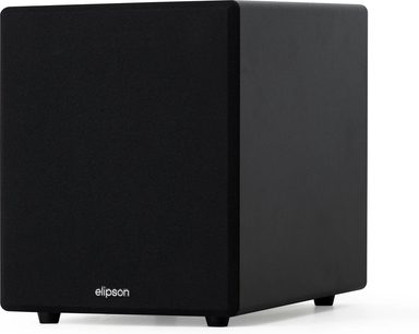 Svart Elipson Classic Sub 8 subwoofer, sett skrått forfra, med frontgrill, avrundede hjørner og korte føtter