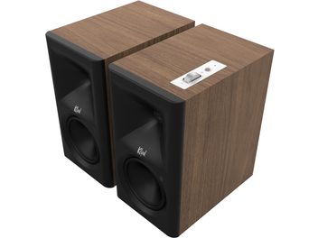 Пара акустичних систем Klipsch The Fives II у горіховому оздобленні, чорний фасад із переднім рупором і елементами керування зверху