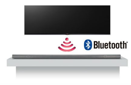 Hvid Bluetooth-soundbar med rødt logo, set forfra på sort og hvid baggrund