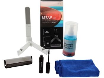 5'i 1 arada plak temizleme kiti: antistatik fırça, 200 ml temizleme solüsyonu şişesi, bir bez ve bir stand içerir