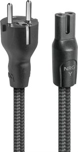 Napájecí kabel Audioquest NRG-Y2 1 m černý, nylonový opletený plášť, matné plastové konektory Schuko samec a IEC C7 samice, detailní pohled zepředu