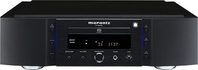 Marantz SA KI Pearl CD-afspiller set forfra i sort, blåt display, knapper og tilslutninger på forsiden