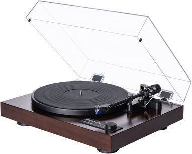 Giradischi hi-fi Dual CS 618 Q WN in legno di noce marrone verniciato, piatto circolare nero in gomma, braccio di lettura nero con testina blu e coperchio antipolvere trasparente sollevato, vista di tre quarti anteriore destra