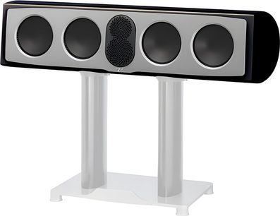 Boxă centrală Paradigm Persona C neagră lăcuită, cu fațadă din aluminiu gri, patru difuzoare circulare negre încadrând un modul de înalte sub o grilă perforată centrală, vedere din trei sferturi față-dreapta pe un suport dublu cilindric alb