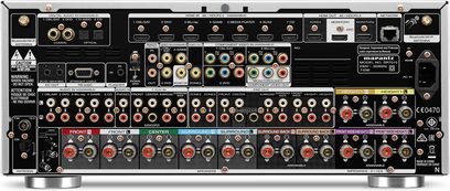 Marantz SR7010 sølv-guld hjemmebiograf-forstærker, frontpanel, mange stik og knapper, digitalt display, sølv- og guldfarvet finish