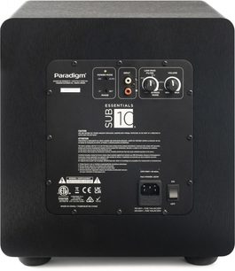 Subwoofer Paradigm Essentials Sub 10, vedere din spate, panou de control negru cu butoane, porturi RCA, text și întrerupător