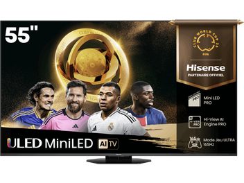 Hisense 55U8Q högupplöst TV i svart, tunn metallram och platt 55-tumsskärm, sedd framifrån med centrerat, satinerat stativ