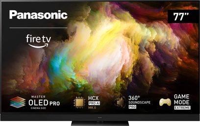 Televizor Panasonic TV-77Z93AEG s vysokým rozlišením, 77" OLED Pro displej, pohled zepředu, zobrazení živých barev a logo Fire TV