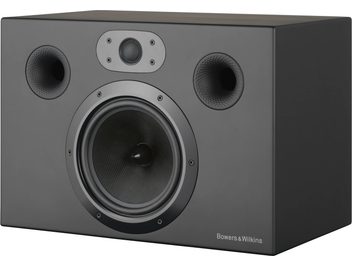 Bowers & Wilkins CT7.5 fekete hangszóró, előlről nézve. Köb alakú doboz, középen kör alakú hangszóróval és két oldalsó hangszóróval.