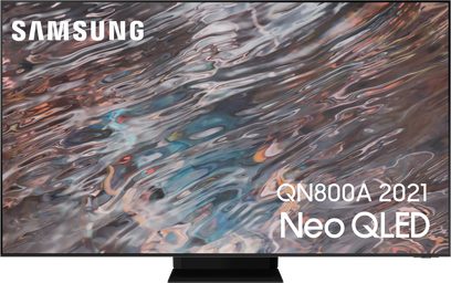 Samsung QN800A 2021 Neo QLED-tv, der viser et abstrakt, flerfarvebillede med flydende og dynamiske mønstre