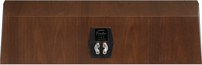 Paradigm Founder 90C centrale in noce, vista frontale ravvicinata, legno scuro, due altoparlanti, terminale nero